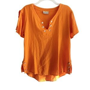 Cottonways Orange Gauze Split Sleeve Button V-Neck Top Size 1 Womens Coastal